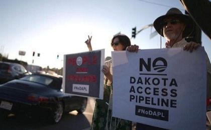 Protesters demonstrate against the Dakota Access oil pipeline near the Standing Rock Sioux reservation, in Los Angeles, California.