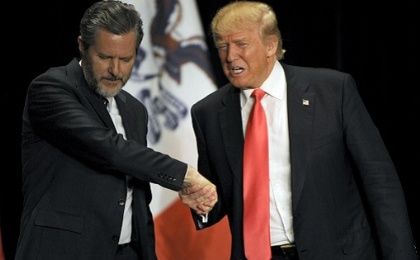 Jerry Falwell campaigned with Trump in Davenport, Iowa, in January 2016.