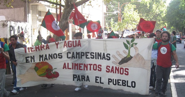 Members of the Cuyo Landless Workers' Union march demanding land and water for campesinos in an undated photo.