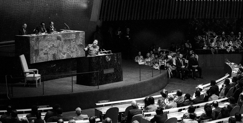 Fidel speaks to the United Nations General Assembly as part of the Non-Aligned Movement on Oct. 12, 1979. His speeches became legendary for both their content as well as their length, often lasting several hours.