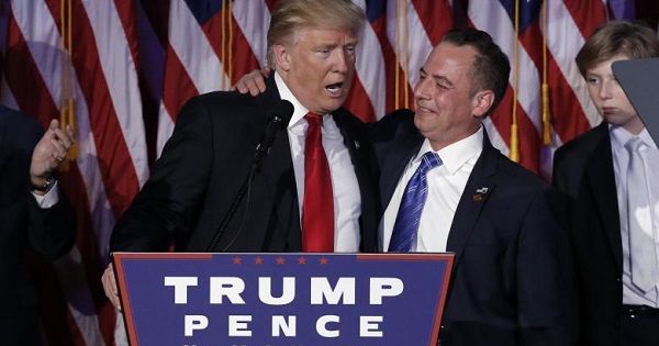 Donald Trump and Reince Priebus address supporters during his election night rally.