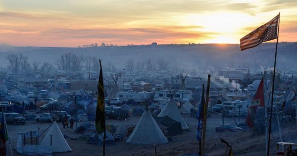 The Oceti Sakowin camp is seen at sunrise during a protest against plans to pass the Dakota Access pipeline near the Standing Rock Indian Reservation, near Cannon Ball, North Dakota, U.S. November 2, 2016.