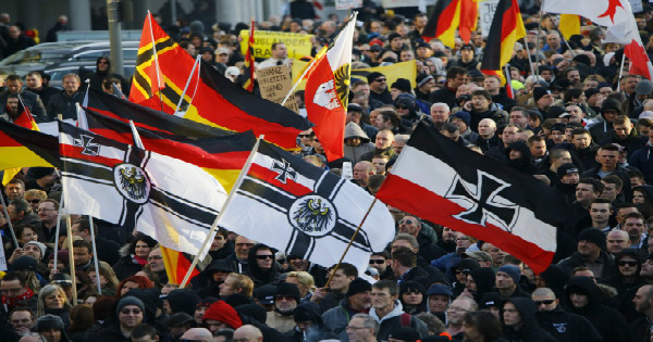 Demonstration in Cologne, Germany led by the PEGIDA movement and the local far-right group Pro NRW, Jan. 2016