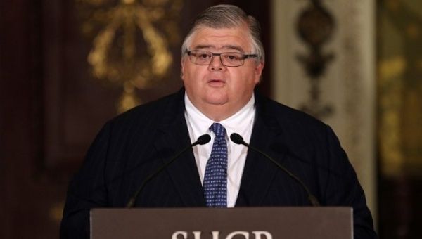 Governor of the Bank of Mexico Agustin Carstens delivers a speech at National Palace in Mexico City, Mexico, Nov. 9, 2016. 