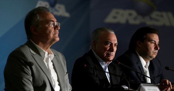 Senate President Renan Calheiros, Brazil's President Michel Temer and Brazil's lower chamber Speaker Rodrigo Maia at the Planalto Palace in Brasilia. Nov. 27, 2016.