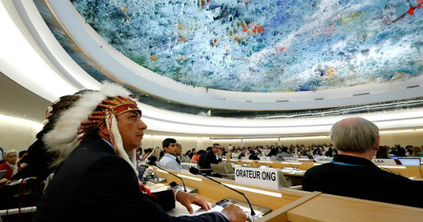 Dave Archambault II, chairman of the Standing Rock Sioux tribe, waits to address UN Human Rights Commission in Geneva, Switzerland in September.