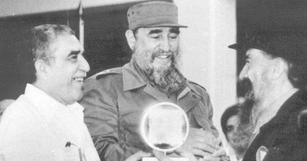 Garcia Marquez (l) and Fidel Castro during the inauguration of the International International Film and Television School in San Antonio de los Baños, Cuba.