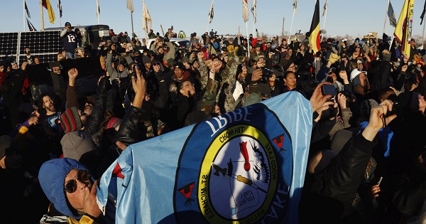 Native Americans and water protectors celebrate their big victory over the Dakota Access pipeline near Cannon Ball, North Dakota, U.S., Dec. 4, 2016.