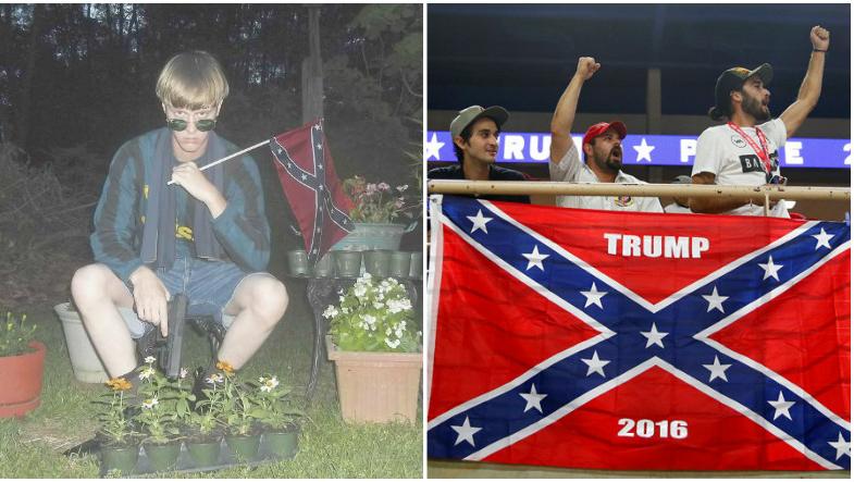 Charleston Massacre shooter Dylann Roof (L) with a Confederate Flag, and Trump supporters (R) with a Confederate flag.
