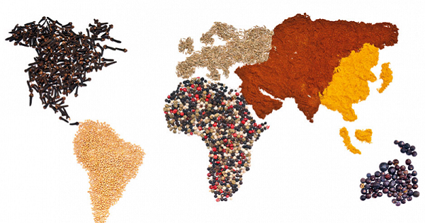 A map of the world is represented using various foods native to the different regions.