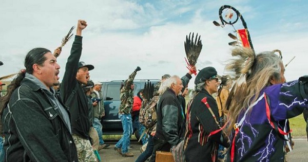 Protesters demonstrate against the Energy Transfer Partners' Dakota Access oil pipeline near the Standing Rock Sioux reservation in Cannon Ball, North Dakota.