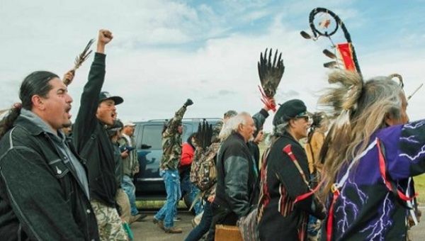 Protesters demonstrate against the Energy Transfer Partners' Dakota Access oil pipeline near the Standing Rock Sioux reservation in Cannon Ball, North Dakota.