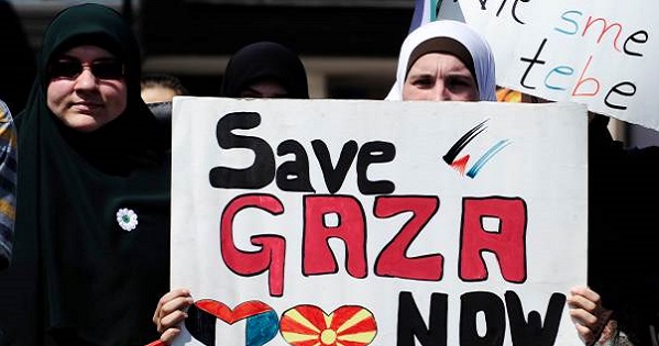 Macedonian Muslims, mostly women and children, march to protest against Israel's military action in Gaza in July 25, 2014.