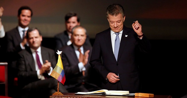 Colombia's President Juan Manuel Santos prepares to sign a new peace accord in Bogota, Colombia November 24, 2016.