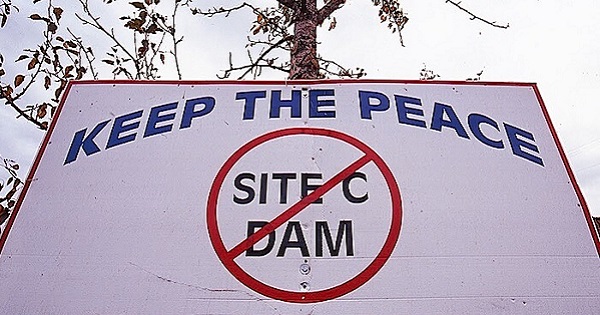 A signs denounces Site C Dam in British Columbia, Canada