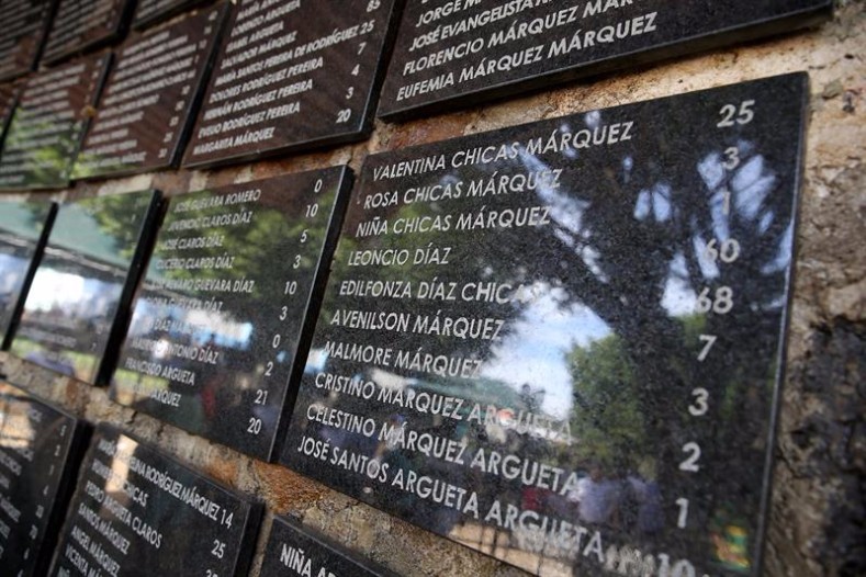 A wall displays the names of victims of the 1981 El Mozote massacre, which killed up to 1,200 villagers in the town of El Mozote.