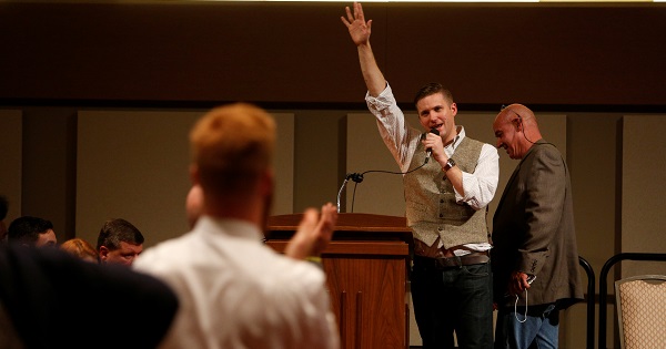 Spencer waves goodbye after his speech at Texas A&M University.