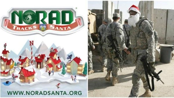 The logo for the NORAD Santan campaign (L) and a U.S. soldier in Afghanistan (R).