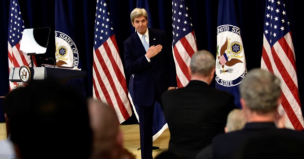 U.S. Secretary of State John Kerry concludes his remarks on Middle East peace at the Department of State in Washington Dec. 28, 2016.