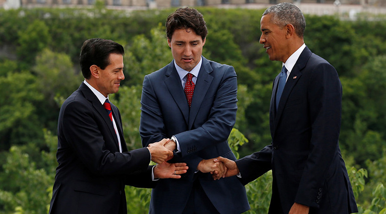 Canadian Prime Minister Justin Trudeau, Mexican President Enrique Peña Nieto, and U.S. President Barack Obama attempt a 3-way handshake – with awkward results.