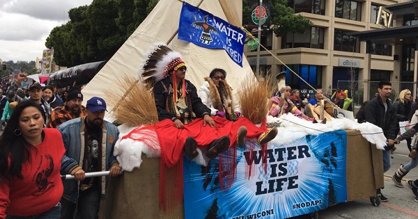The No DAPL contingent of the parade was among the loudest and had many Native Americans participating.