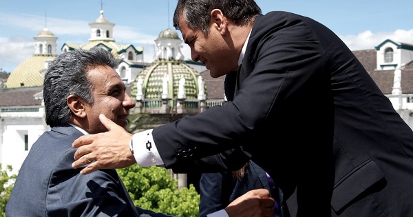 Ecuador's President Rafael Correa (R) embraces former vice president and presidential candidate Lenin Moreno.