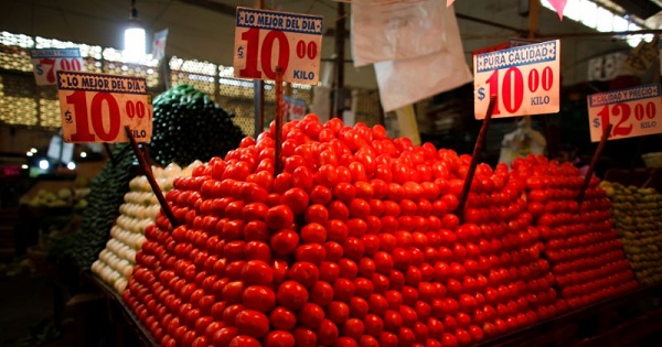 Tomatoes are displayed at a vegetable stall in La Merced market, downtown Mexico City, Jan. 31, 2013.