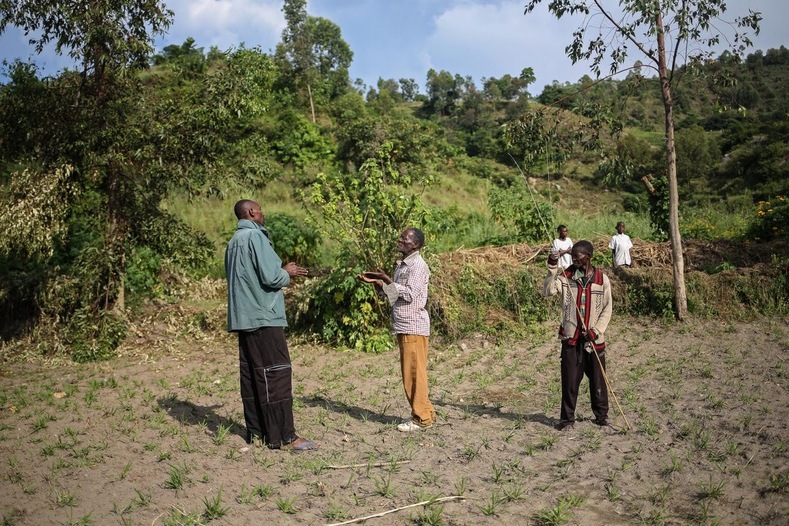 A Bahavu landlord (L) and Pygmy workers have an argument about wages.  Most Pygmy workers cannot read or write, and lack the money to send their children to school.