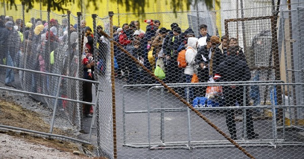 Migrants wait to cross the border from Slovenia into Spielfeld in Austria, Feb. 16, 2016.