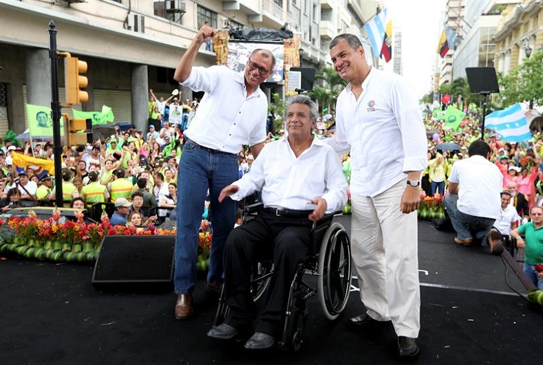 Lenin Moreno (C), in a wheelchair since being shot in an assault in 1998, is running for president with Correa's Alianza Pais party. 