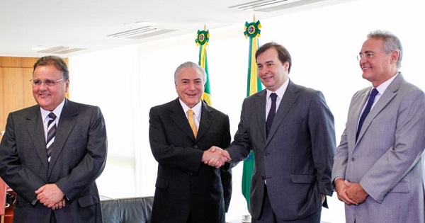 Geddel Vieira Lima (L), President Michel Temer, President of the Lower House Rodrigo Maia and President of the Senate Renan Calheiros