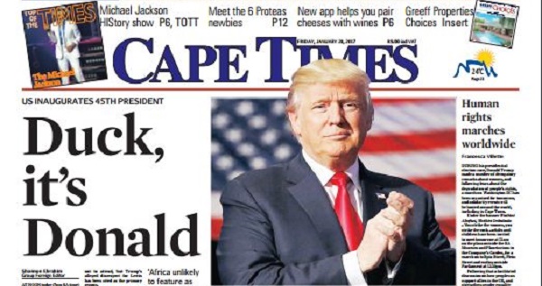 January 20, 2017 headline of Cape Times, newspaper of Cape Town, South Africa