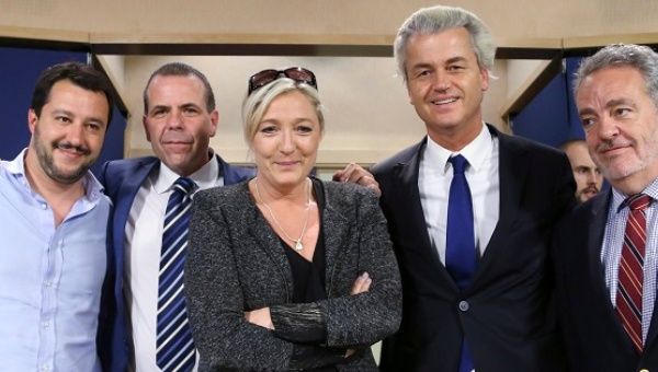 (L-R) Italy's Matteo Salvini, Austria's Harald Vilimsky, France's Marine Le Pen, Netherland's Geert Wilders, and Belgium's Vlaams Belang. May 28. 2014