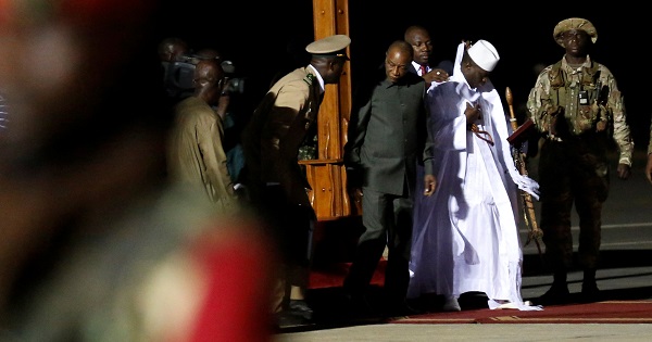 Former Gambian President Yahya Jammeh arrives at the airport before flying into exile from Gambia, Jan. 21, 2017.