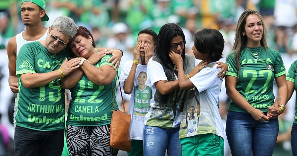 Relatives of players of Brazilian soccer team Chapecoense, who perished in a plane crash, react before a charity match between Chapecoense and Palmeiras.