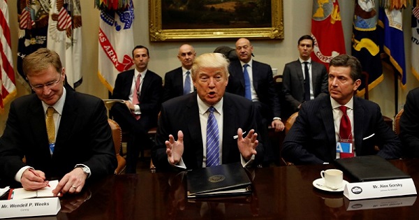 U.S. President Donald Trump hosts a meeting with business leaders in the Roosevelt Room of the White House in Washington, Jan. 23, 2017