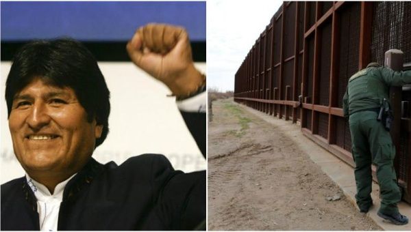Bolivian President Evo Morales (L) and a U.S. Border patrol agent opens a gate on the fence along the Mexico border to allow vehicles pass in El Paso, U.S (R).