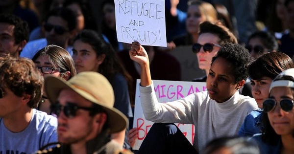 College students at the University California San Diego demonstrate against President Donald Trump's current immigration orders in La Jolla, California.