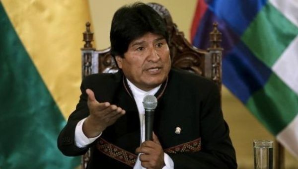Evo Morales leads a press conference in Bolivia.