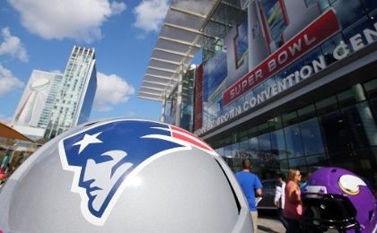 Detailed view of the New England Patriots logo on a helmet sculpture outside the George R. Brown Convention Center in preparation for Super Bowl LI. 