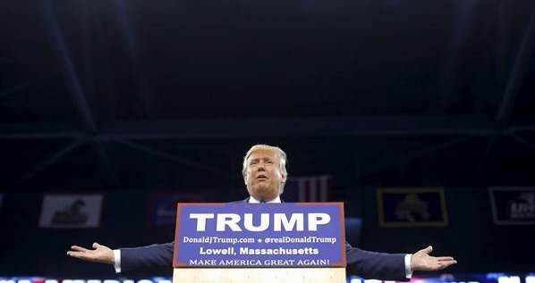 U.S. Republican presidential candidate Donald Trump speaks at a campaign rally in Lowell, Massachusetts.