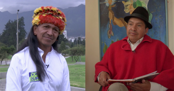 Amazon leader Carlos Viteri Gualinga (L) and Indigenous leader from the Sierra Jorge Herrera have differing views on Ecuadorean politics.