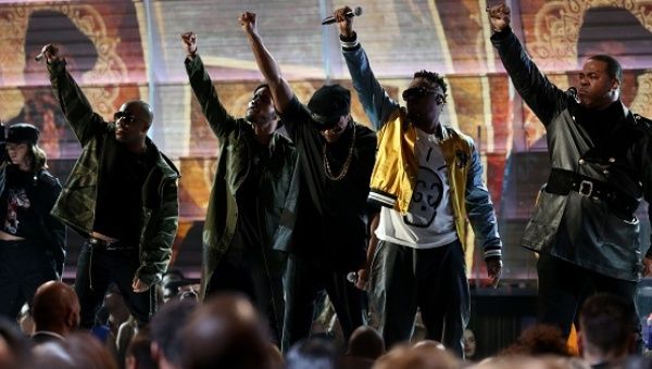 Tribe Called Quest and Anderson Paak perform a medley at the 59th Annual Grammy Awards in Los Angeles.