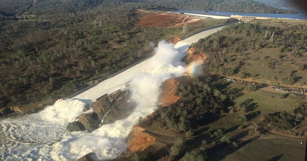 A damaged spillway with eroded hillside is seen in an aerial photo taken over the Oroville Dam in Oroville, California, U.S. Feb. 11, 2017.