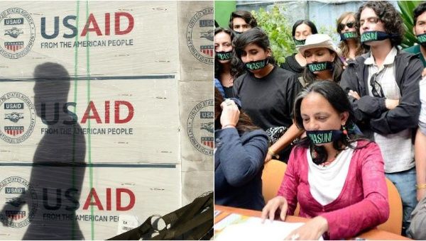 A shadow is cast on boxes of relief items from U.S. Agency for International Development (L), while staff and supporters of Accion Ecologica hold a press conference (R).