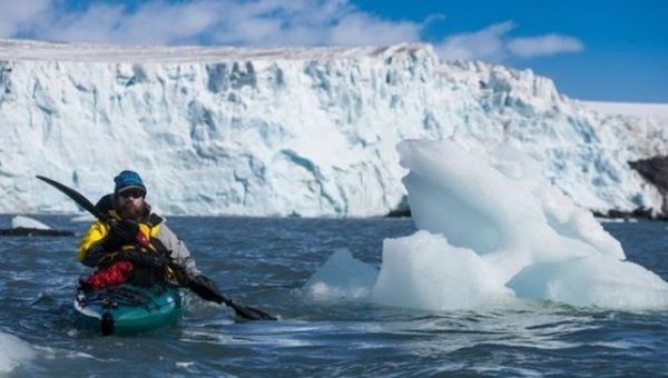 Chilean Exequiel Lira kayaking in South Shetland islands, Antarctica, Jan. 27, 2017.