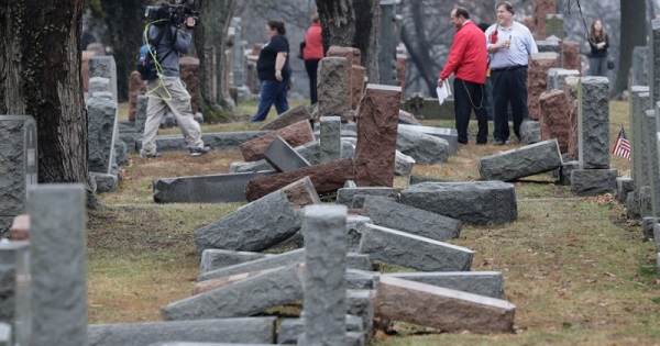 More than 170 Jewish headstones are toppled after a weekend of vandalism. attack on Chesed Shel Emeth Cemetery in a suburb of St Louis, Missouri.