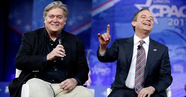 White House Chief Strategist Stephen Bannon and Chief of Staff Reince Priebus speak at the Conservative Political Action Conference in National Harbor, Maryland.
