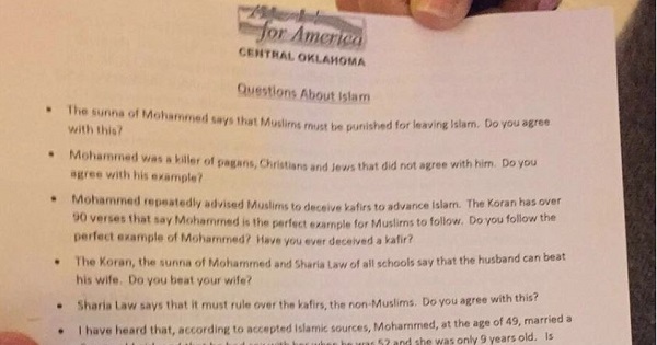 A picture shows the questionnaire that was handed to three Muslim students upon their visit to the office of Oklahoma lawmaker John Bennett.