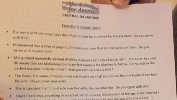 A picture shows the questionnaire that was handed to three Muslim students upon their visit to the office of Oklahoma lawmaker John Bennett. 